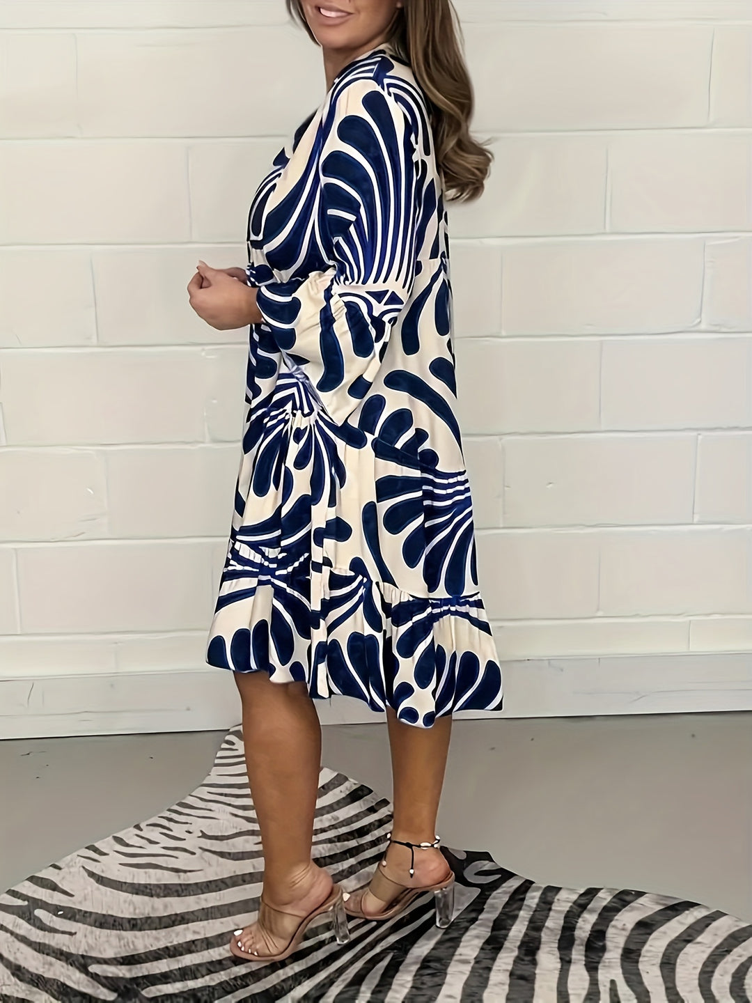 V-Neck Tiered Hem Abstract Pattern Summer Dress