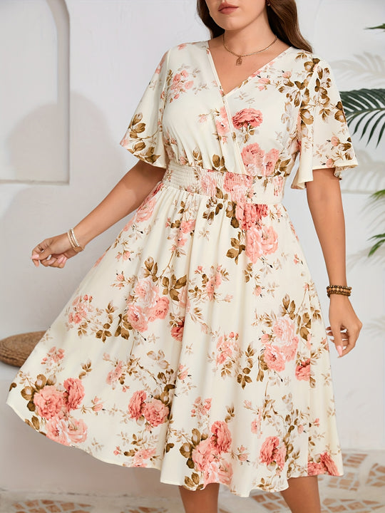 Floral Print V-Neck Flutter Sleeve Smocked Midi Dress - Plus Size
