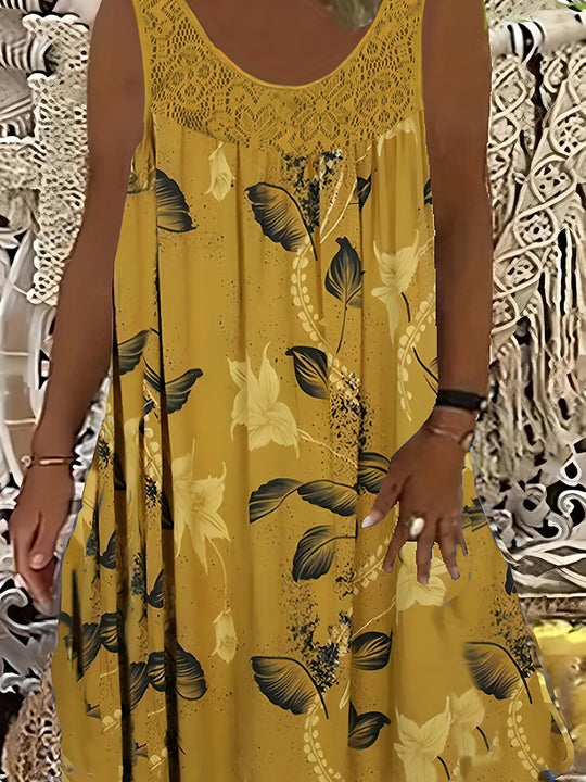 Plus Size Floral Lace Trim Sleeveless Bohemian Dress