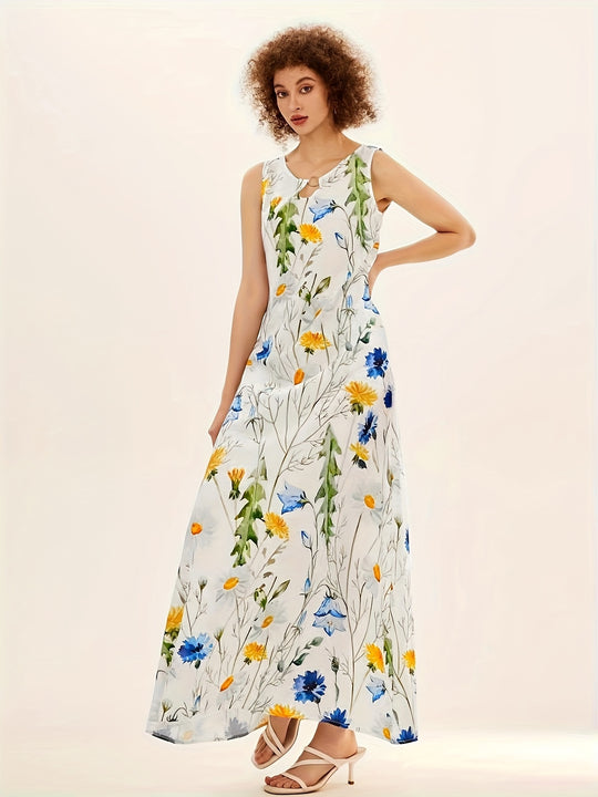 Boho Wildflower Print Sleeveless Maxi Dress