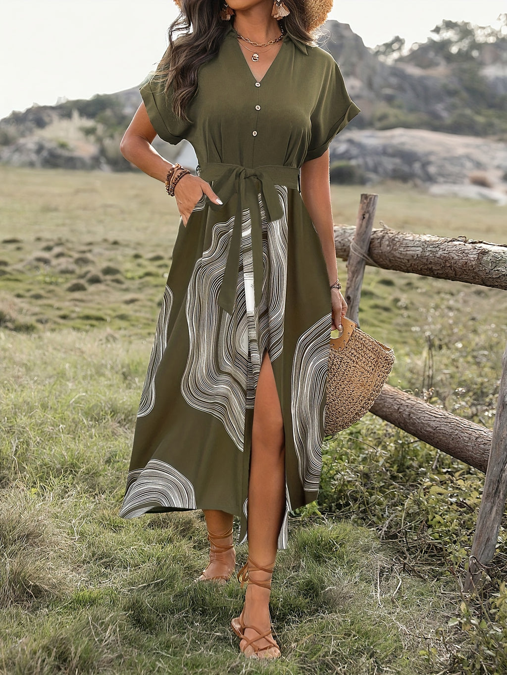Collared V-Neck Button Down Summer Maxi Dress
