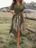 Collared V-Neck Button Down Summer Maxi Dress