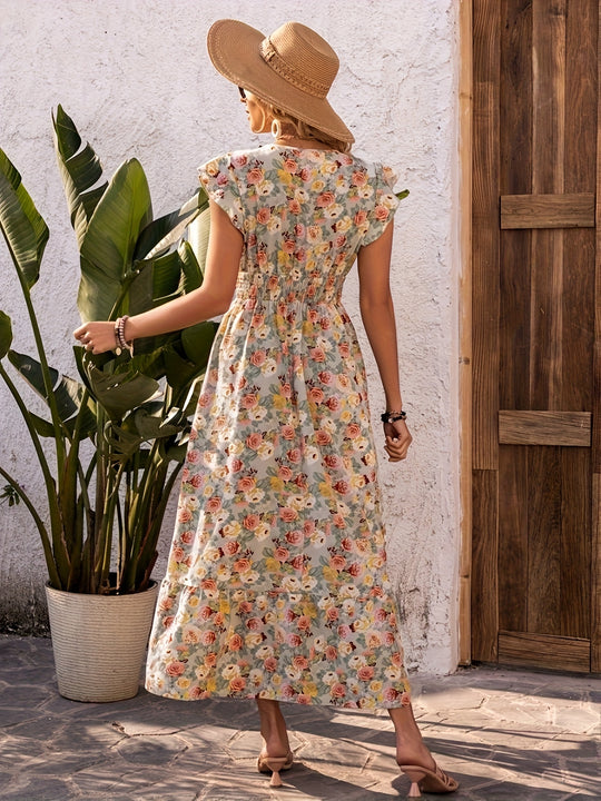 Floral Surplice V-Neck Smocked Maxi Dress