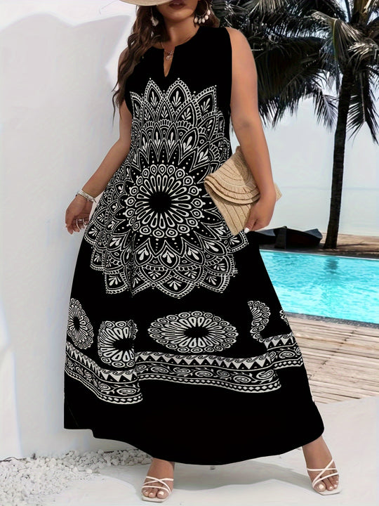 Mandala Print Sleeveless V-Neck Maxi Dress