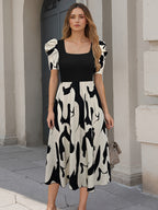 Abstract A-Line Puff Sleeve Midi Dress