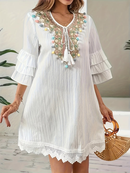 V-Neck Boho Embroidered Mini Dress with Tassel Ties - Plus Size