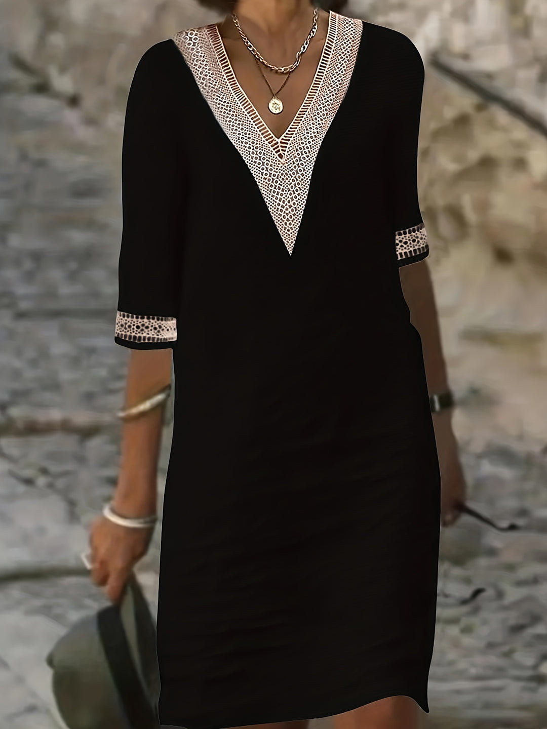 Casual Half Sleeve Lace Insert Dress