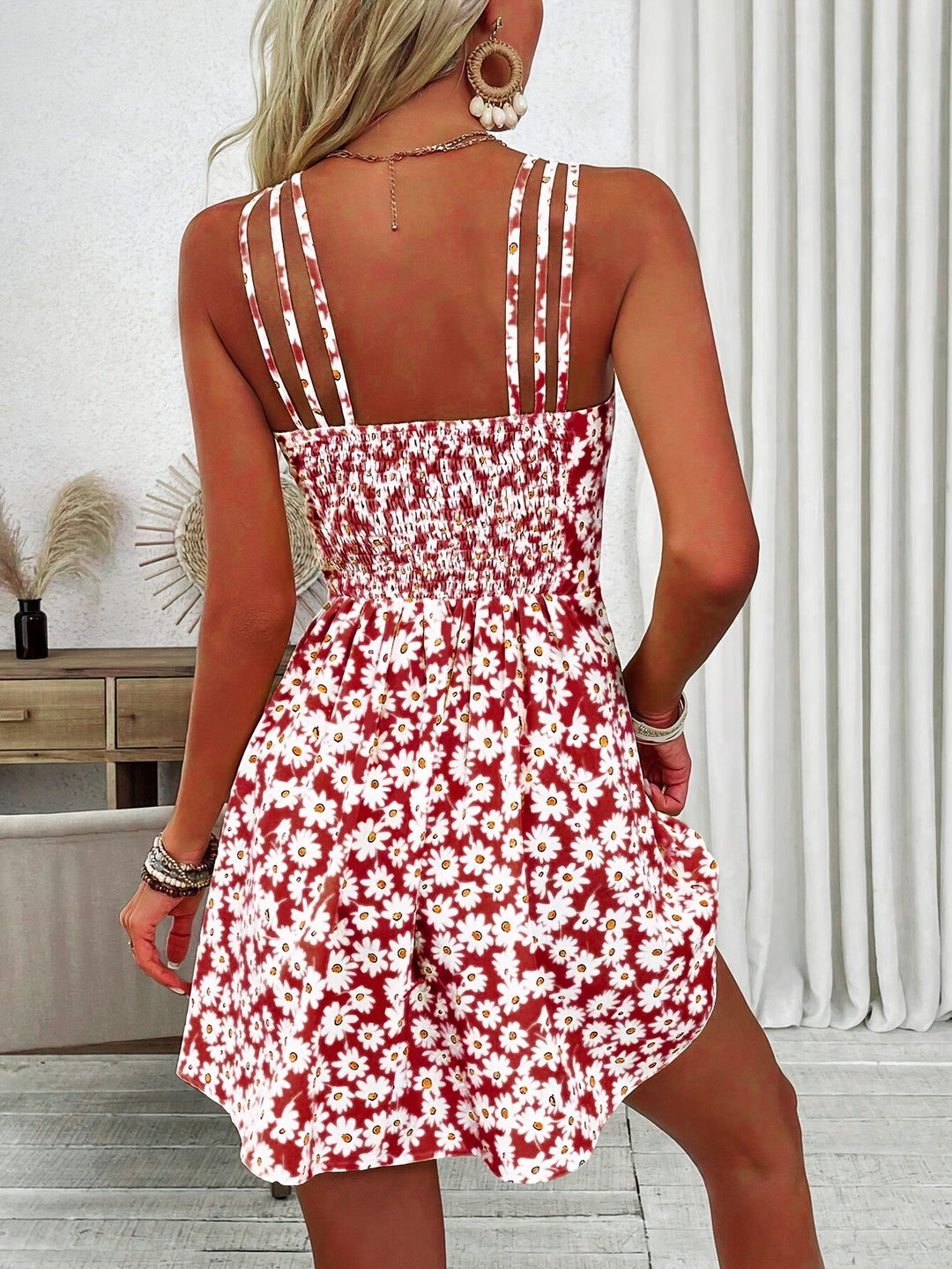 Casual Daisy Print Multi-Strap Mini Dress