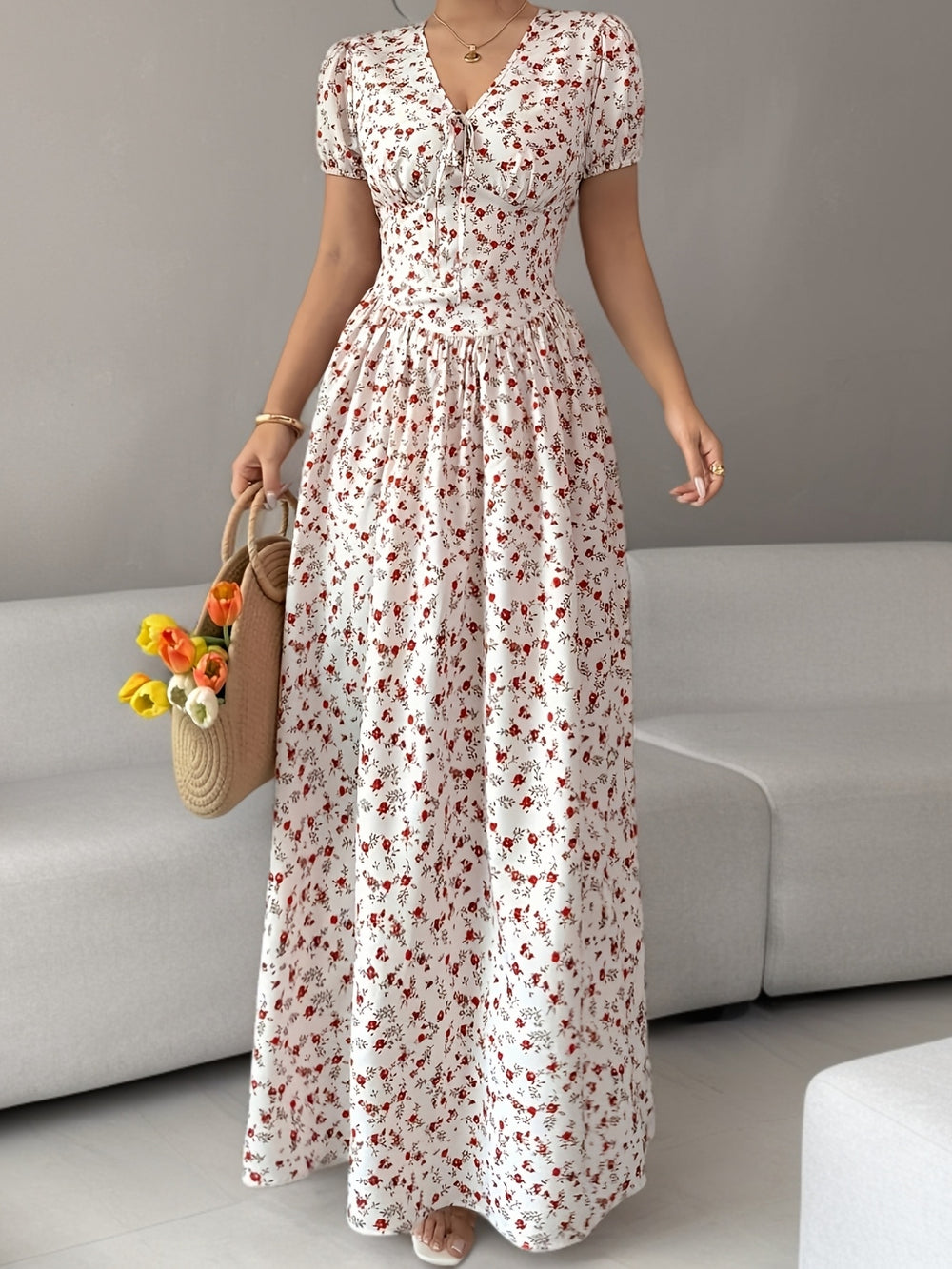 Floral V-Neck Tie Front Maxi Dress