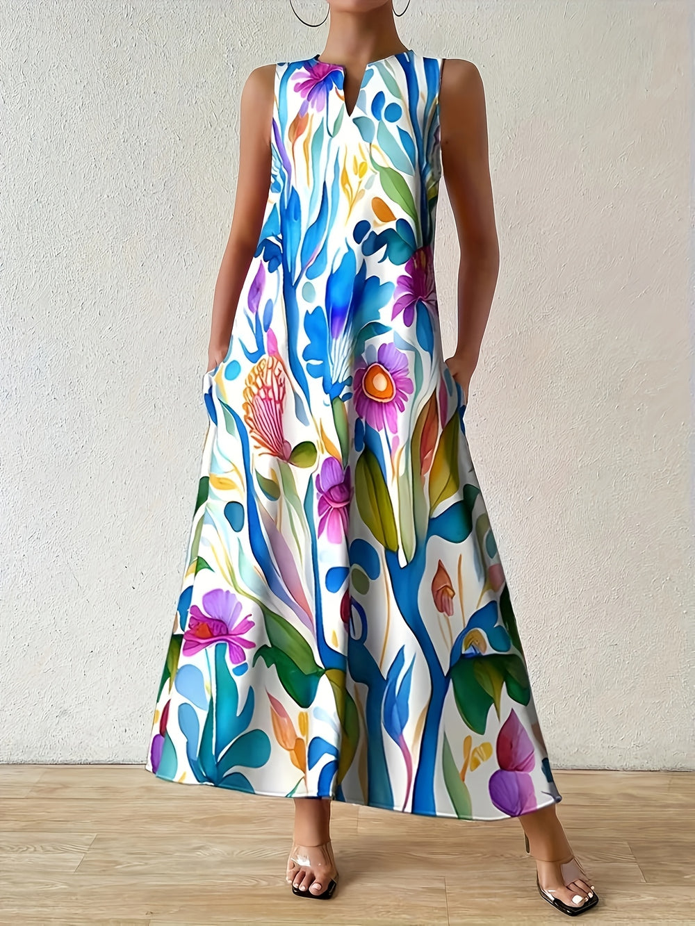 Bold Botanical Print Notch Neck Maxi Dress