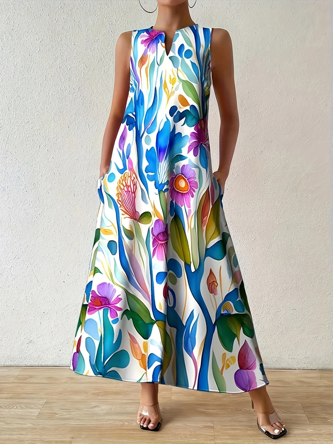 Bold Botanical Print Notch Neck Maxi Dress