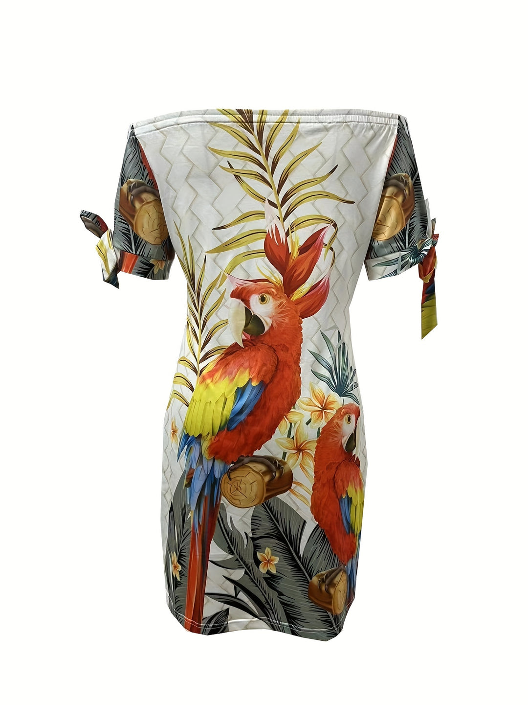 Off-Shoulder Tropical Parrot Shift Mini Dress