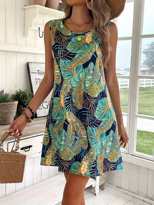 Tropical Print Sleeveless Flowy Bohemian Dress