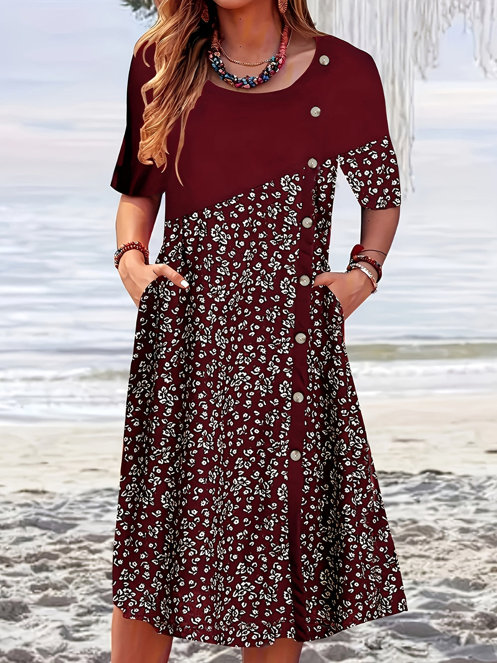 Elegant Asymmetrical Floral Print Midi Dress