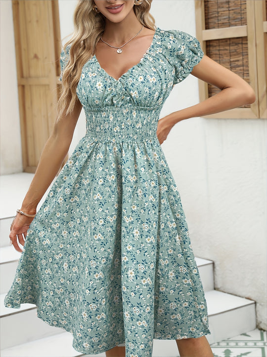 Puff Sleeve Ditsy Floral Casual Summer Dress