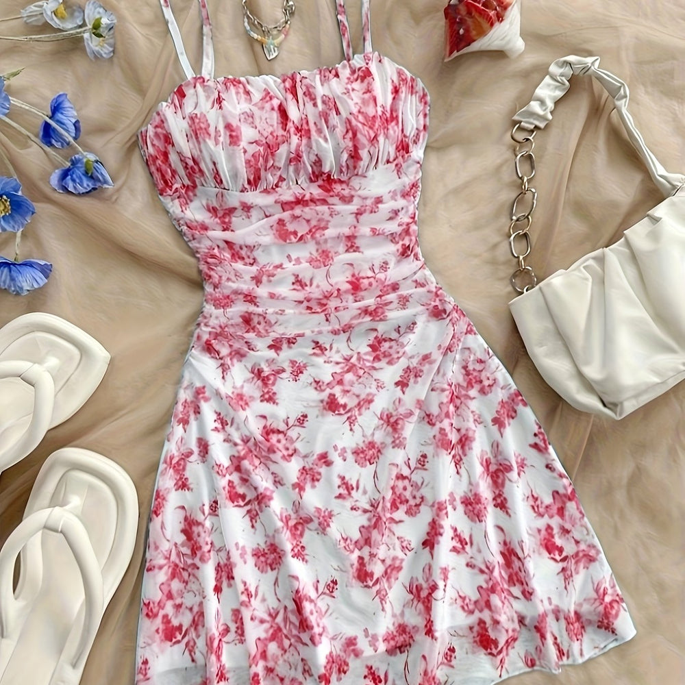 Romantic Floral Ruched Double Strap Mini Dress