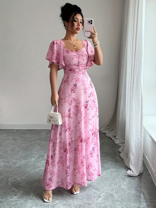 Elegant Sweetheart Neck Floral Maxi Dress