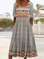 Bohemian Pattern Short Sleeve Casual Long Dress - Plus Size
