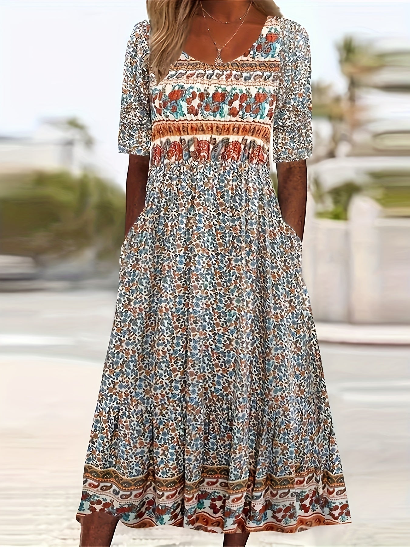 Bohemian Pattern Short Sleeve Casual Long Dress - Plus Size