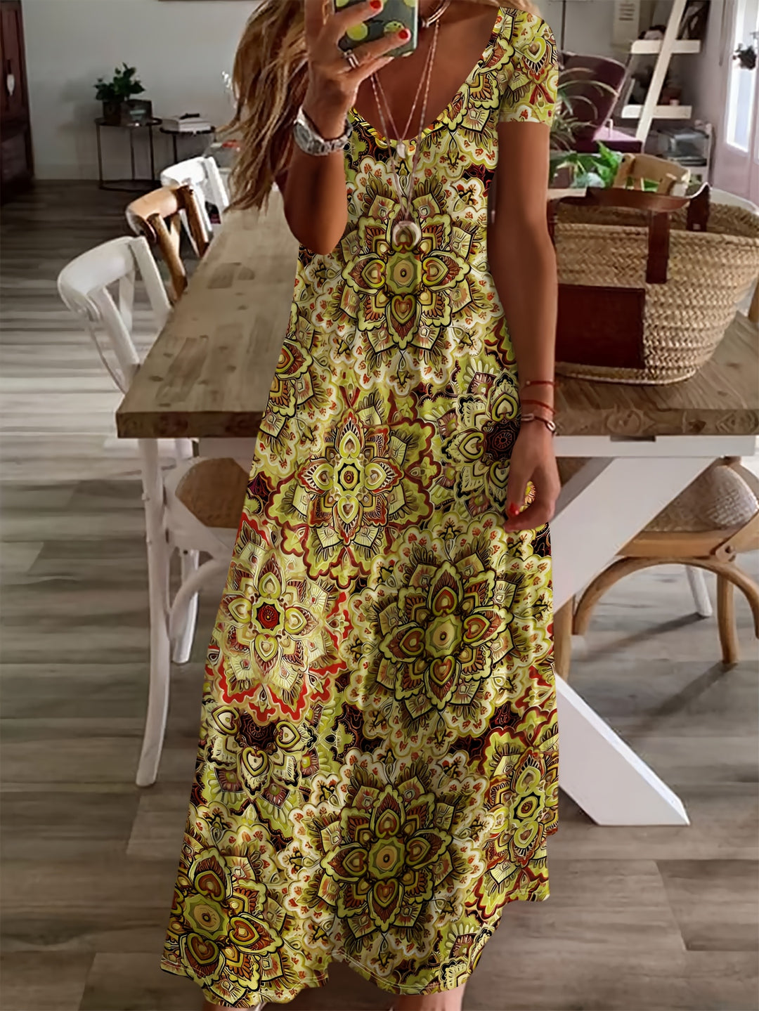 Casual V-Neck Kaleidoscopic Pattern Long Dress