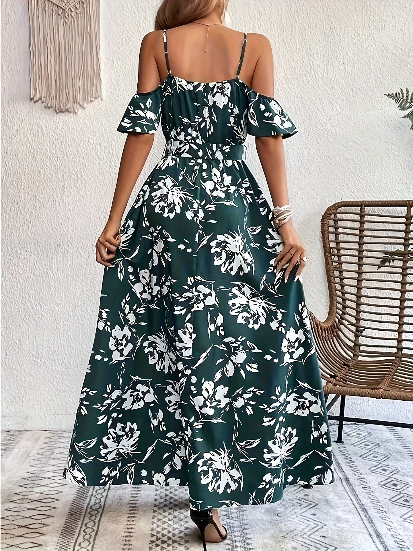 Floral Cold Shoulder Slit Maxi Dress