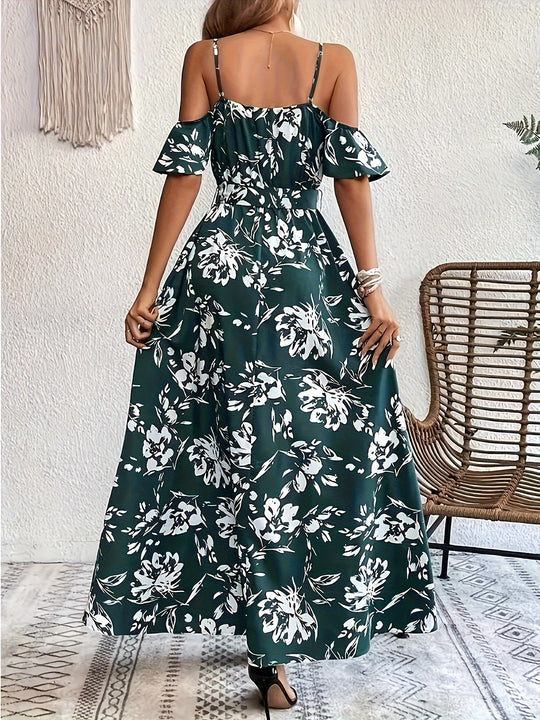Floral Cold Shoulder Slit Maxi Dress