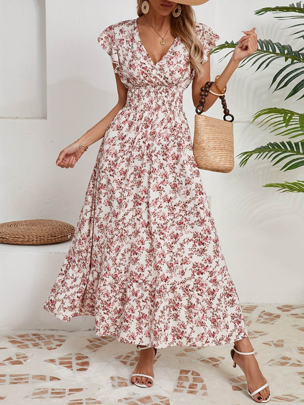 Flutter Sleeve Smocked Waist V-Neck Maxi Dress