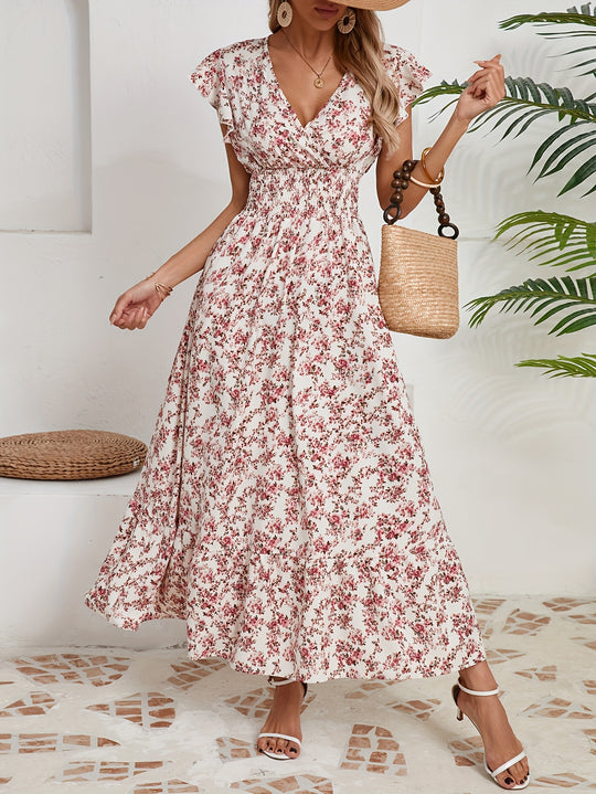 Flutter Sleeve Smocked Waist V-Neck Maxi Dress