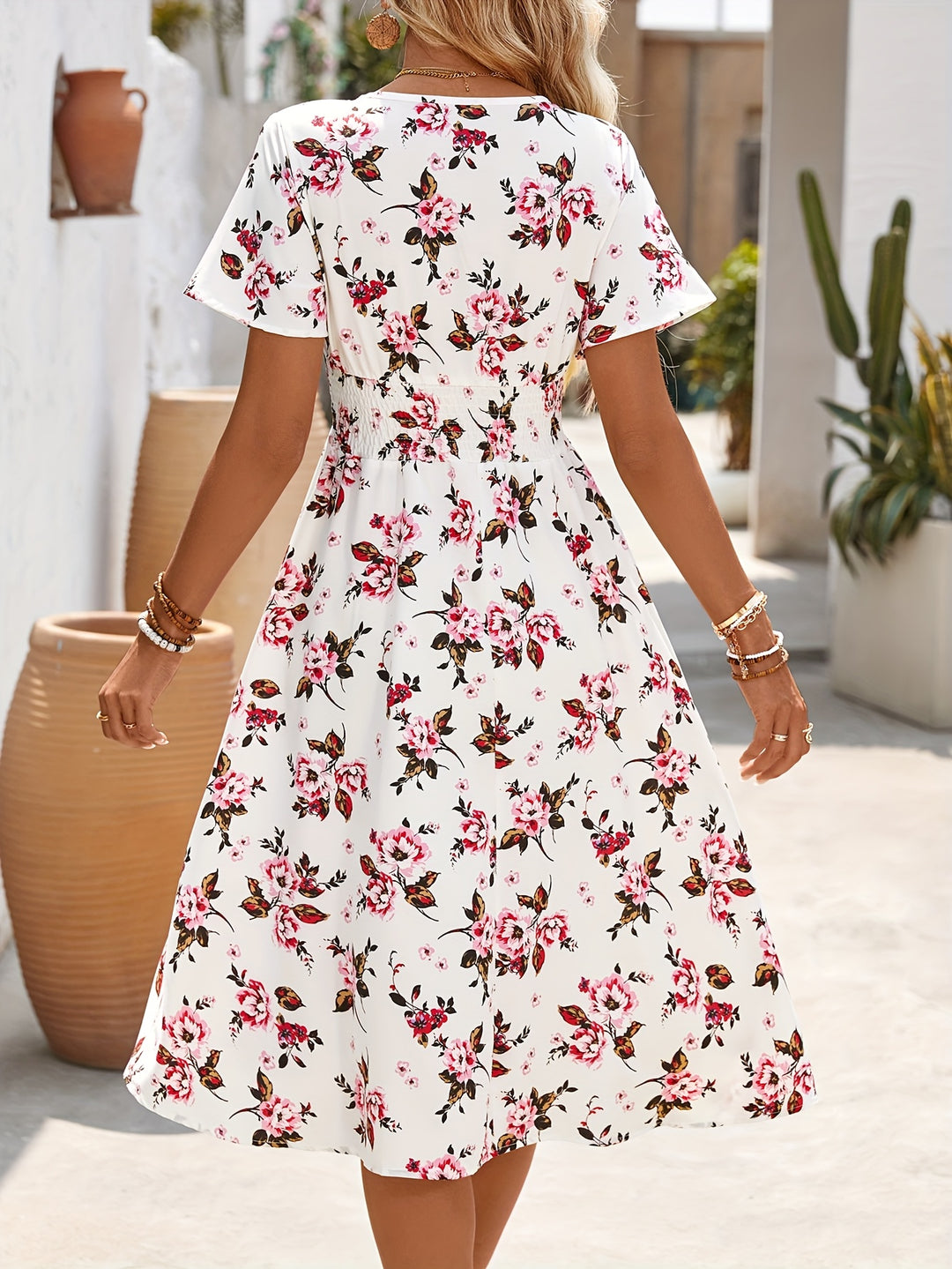 Boho V-Neck Smocked Waist Floral Dress