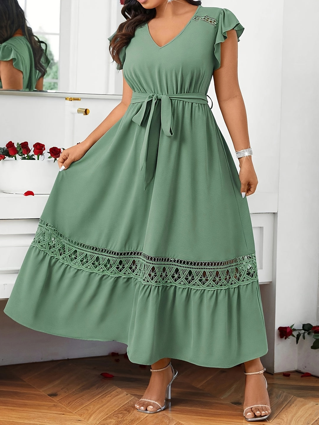 Bohemian V-Neck Lace Insert Maxi Dress