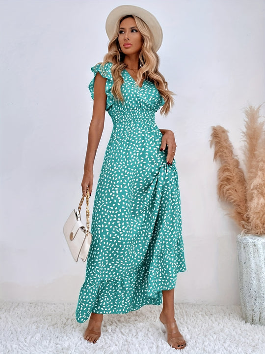 Flutter Sleeve Smocked Waist V-Neck Maxi Dress