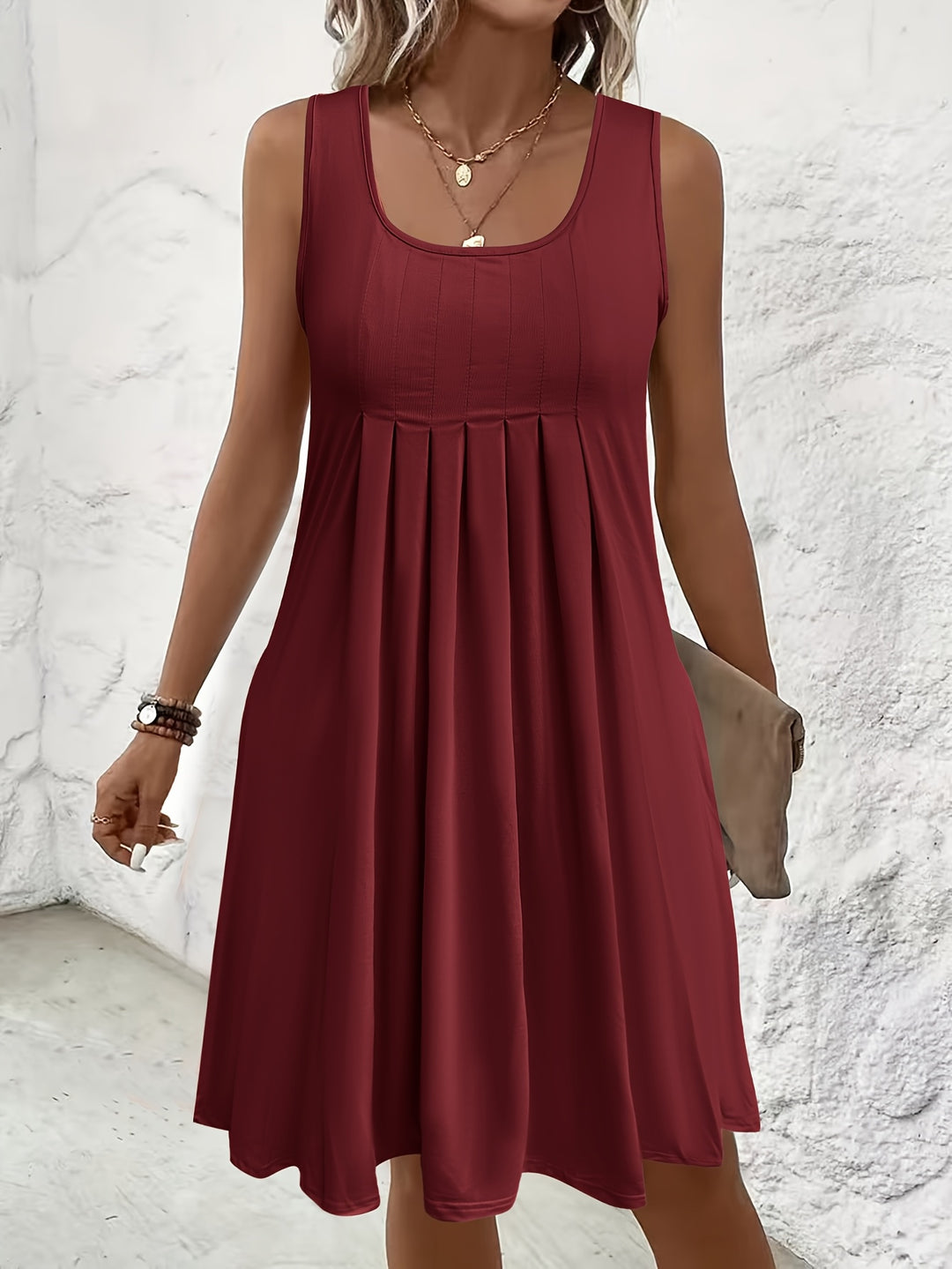 Casual Pleated Front Sleeveless Mini Dress