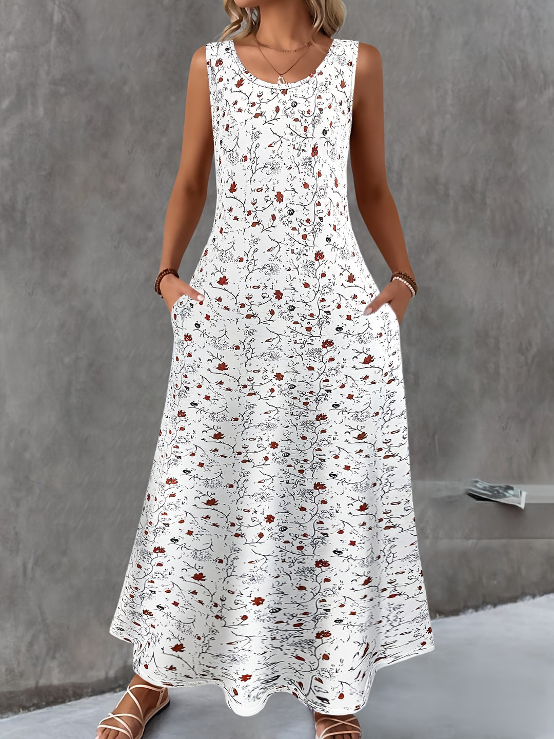 Sleeveless Floral Print Maxi Dress with Pockets - Plus Size