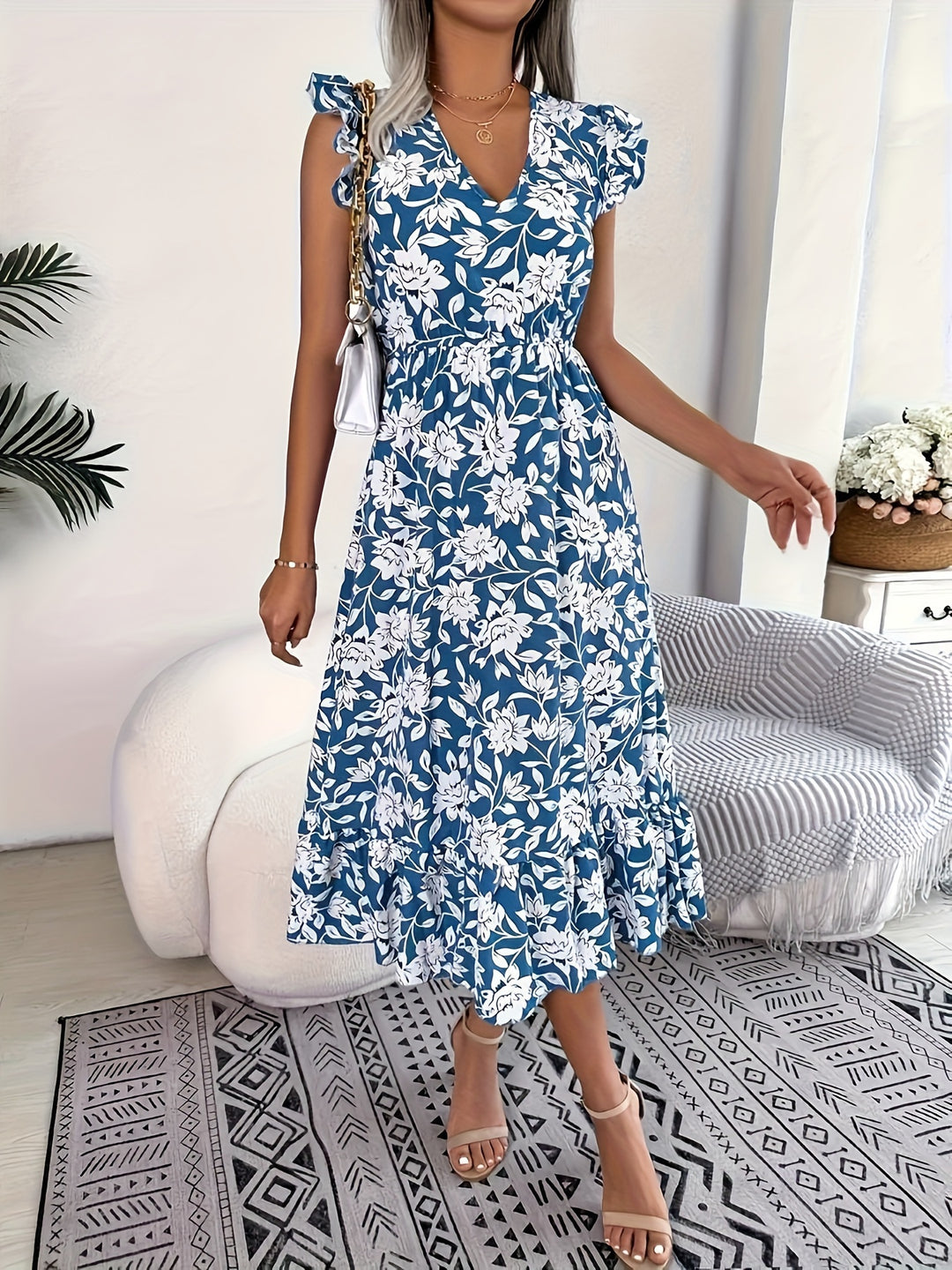 V-Neck Floral Pattern Flutter Sleeve Summer Dress