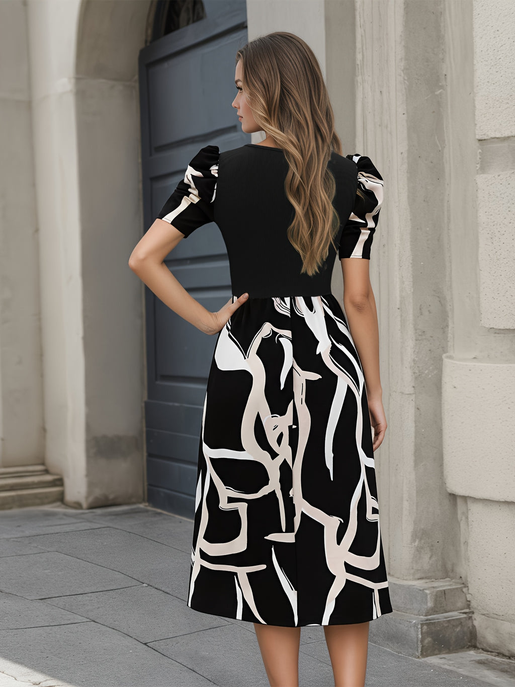 Abstract A-Line Puff Sleeve Midi Dress