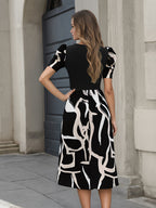 Abstract A-Line Puff Sleeve Midi Dress