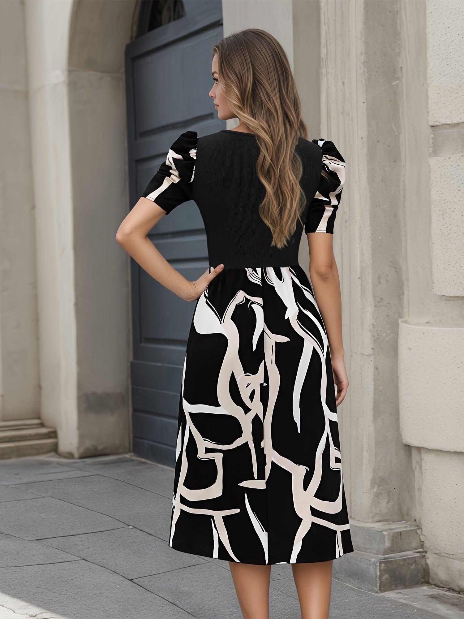 Abstract A-Line Puff Sleeve Midi Dress