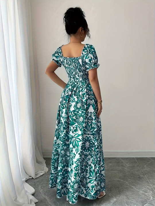 Floral Square Neck Puff Sleeve Maxi Dress