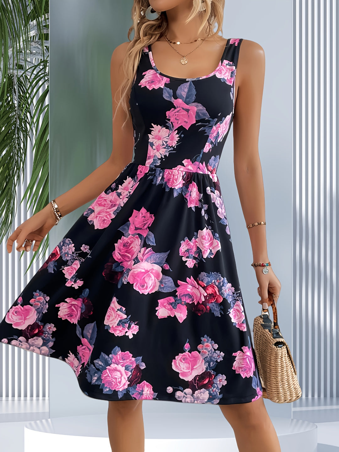 Scoop Neck Floral A-Line Casual Midi Dress