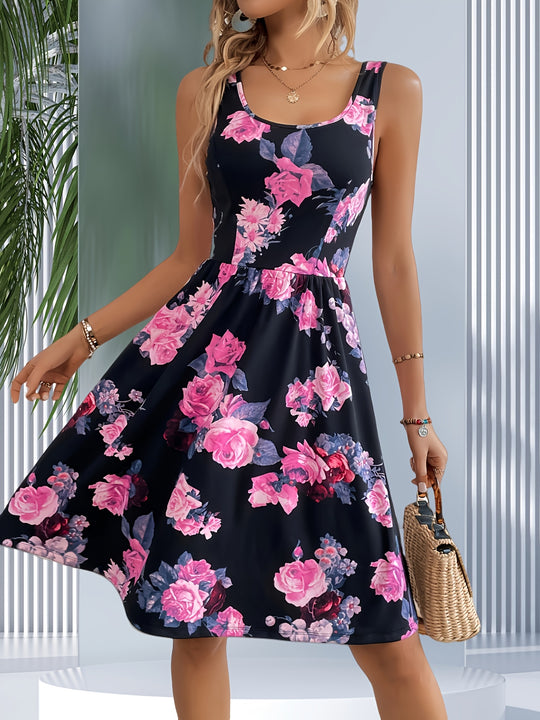 Scoop Neck Floral A-Line Casual Midi Dress