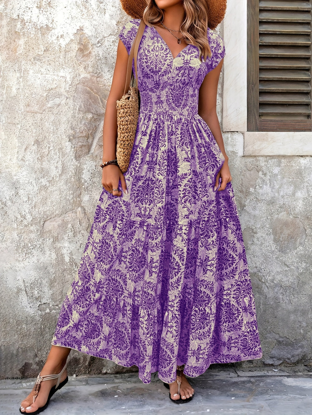 Smocked Bodice Vintage Print Bohemian Dress