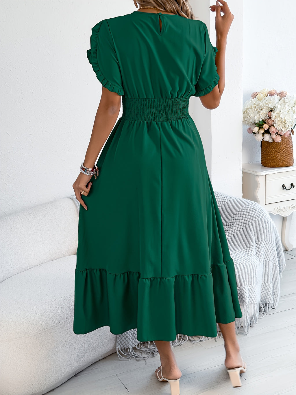 Boho Flutter Sleeve Smocked Waist Maxi Dress