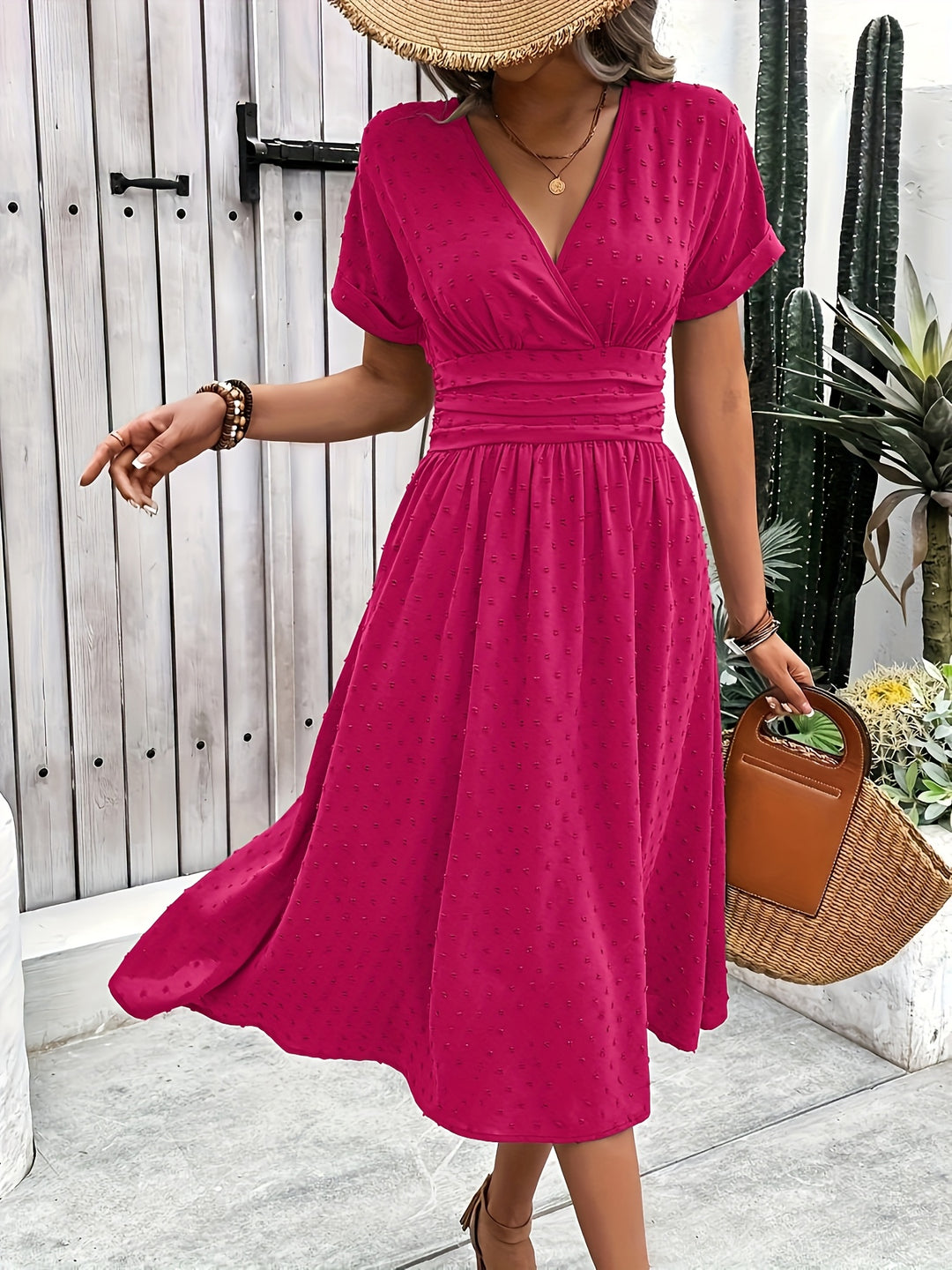 Casual Swiss Dot V-Neck Midi Dress