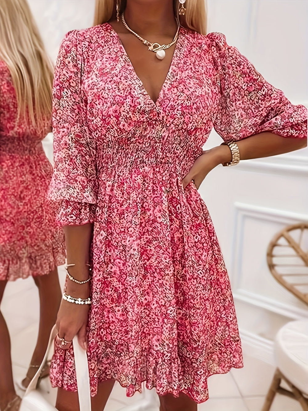 Floral V-Neck Ruched Waist Summer Boho Dress