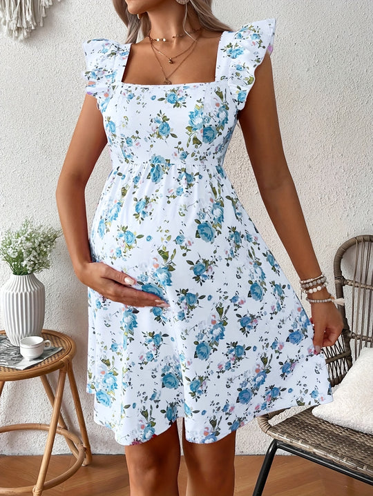 Maternity Floral Square Neck Flowy Bohemian Dress