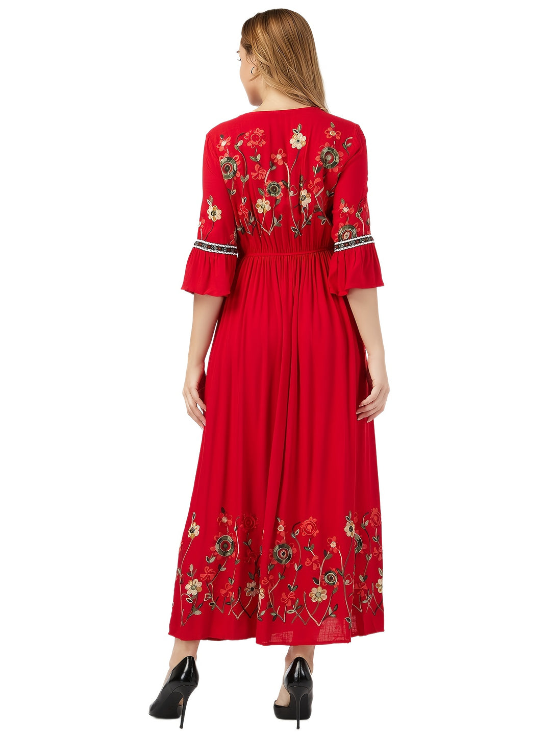 Embroidered Floral Hem Gathered Maxi Dress