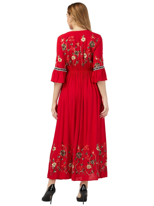 Embroidered Floral Hem Gathered Maxi Dress