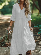 Bohemian V-Neck Textured Tiered Maxi Dress