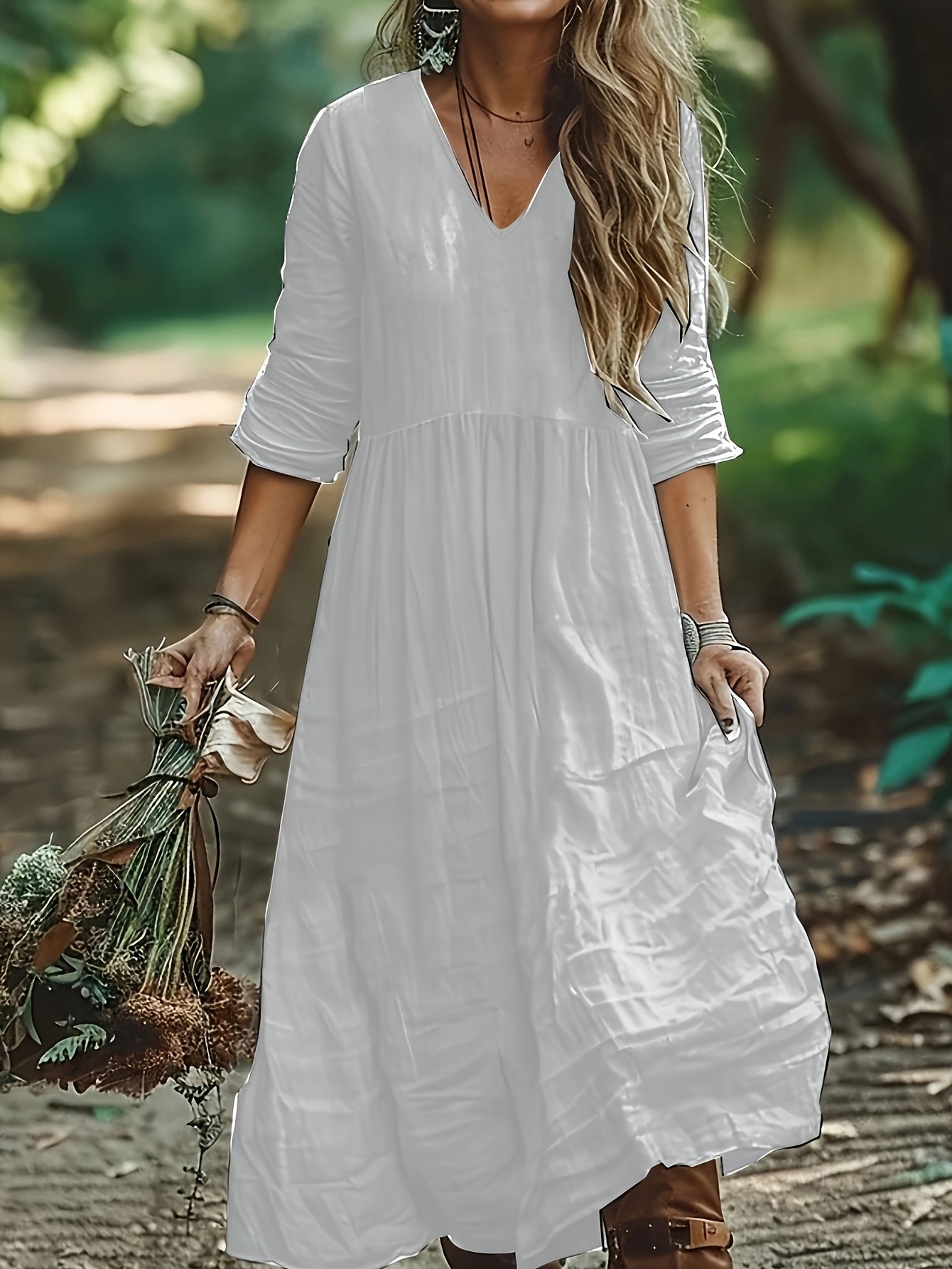 Bohemian V-Neck Textured Tiered Maxi Dress