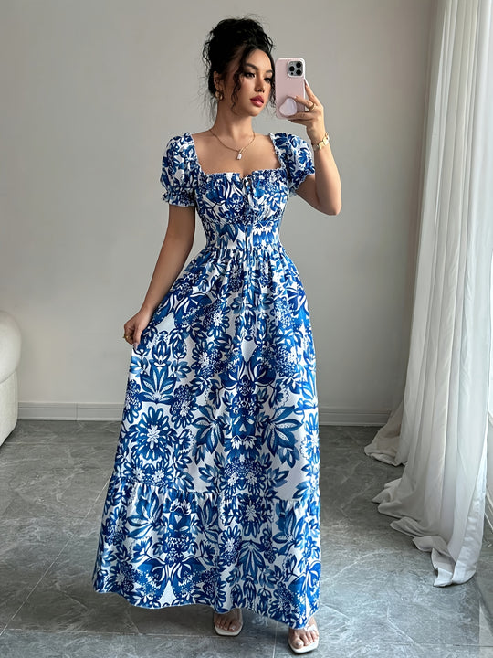 Floral Square Neck Puff Sleeve Maxi Dress